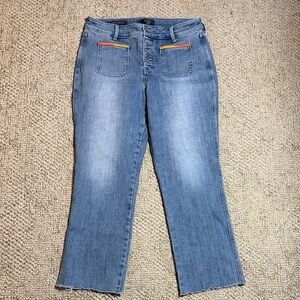 NYDJ Blue Straight Leg Ankle Length Jeans with Colorful Accents and Raw Hem